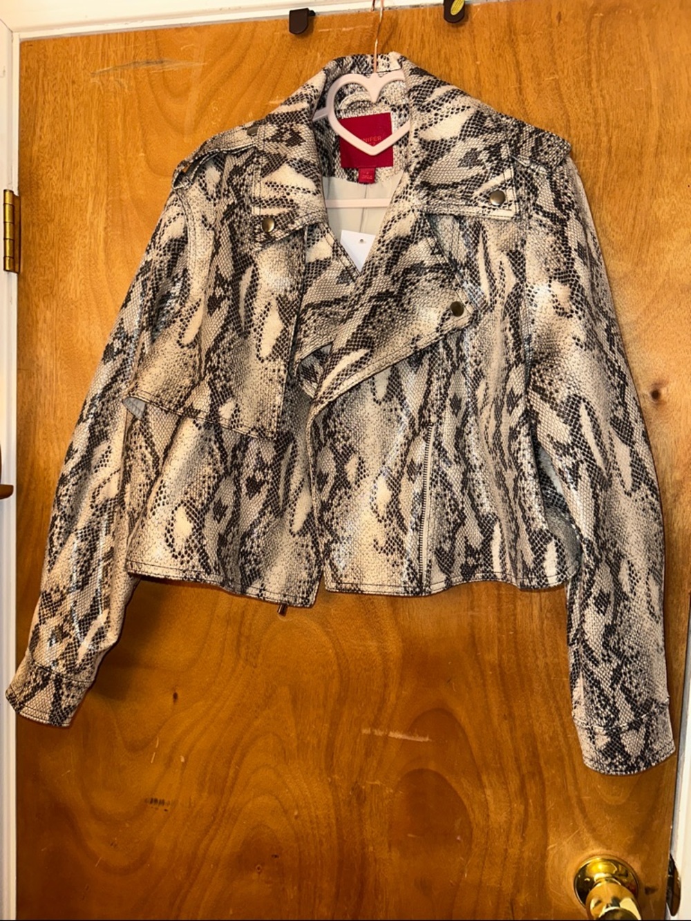 Jennifer Lopez Python-Print Faux Leather Moto Jacket in Black & Cream